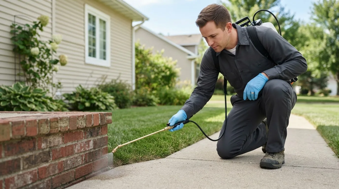 Pest control technician treating a home near Grandview, TX